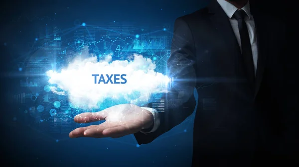 Hand Businessman Met Taxes Inscriptie Succesvol Bedrijfsconcept — Stockfoto