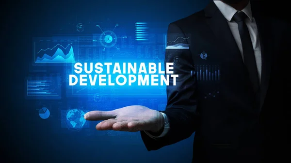 Χέρι Του Επιχειρηματία Που Κατέχουν Επιγραφή Βιώσιμης Ανάπτυξης Επιχειρηματική Επιτυχία — Φωτογραφία Αρχείου