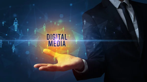 Elegant Hand Holding Digital Media Inscription Social Networking Concept — Stock Photo, Image