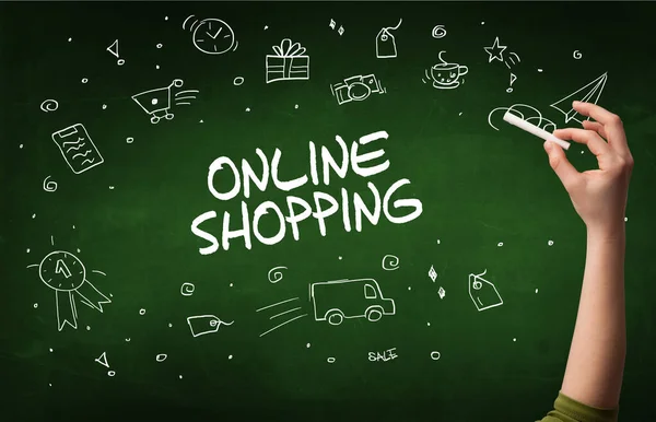 Σχέδιο Χεριών Online Shopping Επιγραφή Λευκή Κιμωλία Στον Μαυροπίνακα Online — Φωτογραφία Αρχείου