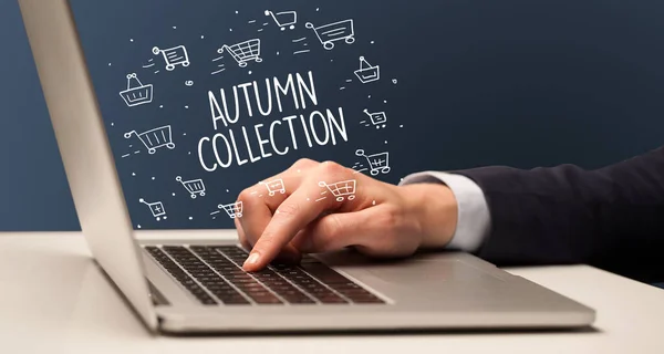 Businessman Working Laptop Autumn Collection Inscription Online Shopping Concept — Stock Photo, Image