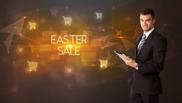 Obchodník Ikonami Nákupního Košíku Nápisem Easter Prodej Koncept Nakupování Online — Stock fotografie