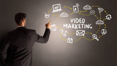 VIDEO MARKETING yazıtlı sosyal medya simgeleri çizen işadamı, yeni medya kavramı