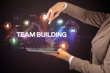 Bir dokunmatik ekran yakın çekim takım oluşturma yazıt, iş fırsatı konsepti