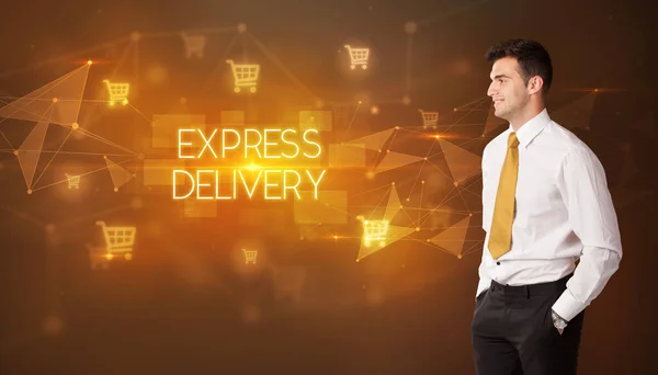 Бизнесмен Иконками Корзине Надписью Express Delivery Концепция Онлайн Покупок — стоковое фото
