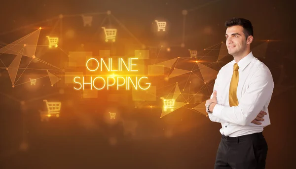 Zakenman Met Winkelwagenpictogrammen Online Shopping Inscriptie Online Shopping Concept — Stockfoto