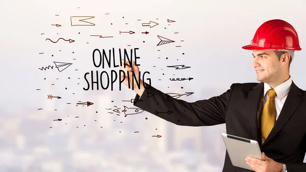 Όμορφος Επιχειρηματίας Σχέδιο Κράνος Online Shopping Επιγραφή Convertuction Sale Concept — Φωτογραφία Αρχείου