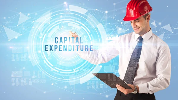 Handsome Businessman Helmet Drawing Capital Expenditure Inscription Contruction Business Concept — Stock Photo, Image