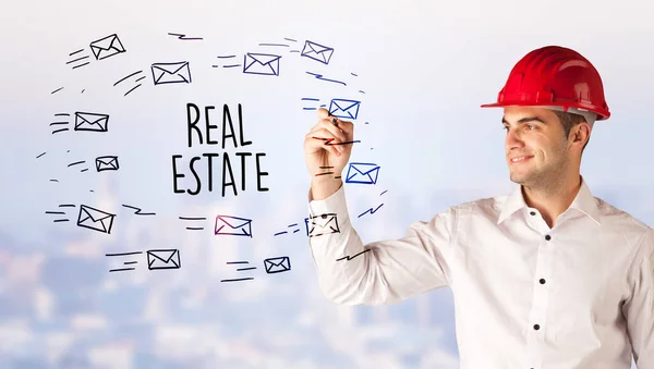Snygg Affärsman Med Hjälm Ritning Real Estate Inskription Contruction Försäljning — Stockfoto