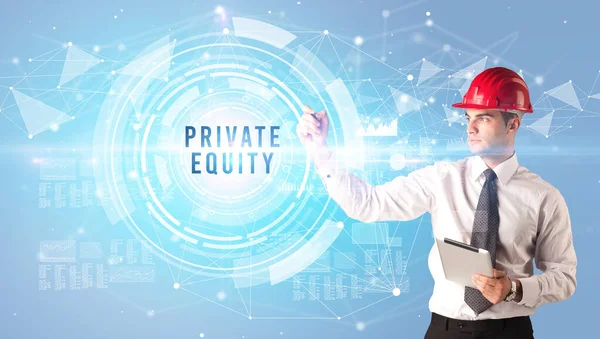Handsome Businessman Helmet Drawing Private Equity Inscription Contruction Business Concept — Stock Photo, Image