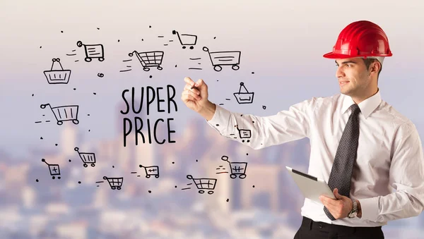 Przystojny Biznesmen Rysunkiem Kasku Super Price Napis Koncept Sprzedaży — Zdjęcie stockowe