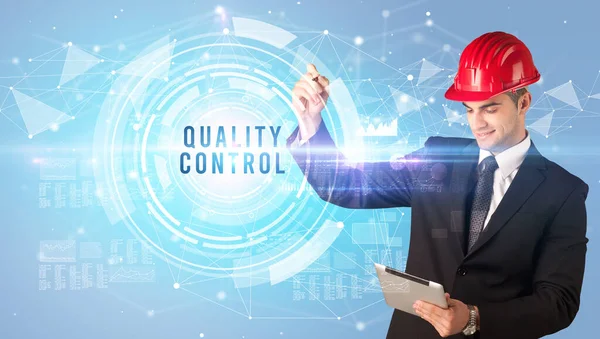 Handsome Businessman Helmet Drawing Quality Control Inscription Contruction Business Concept — Stock Photo, Image