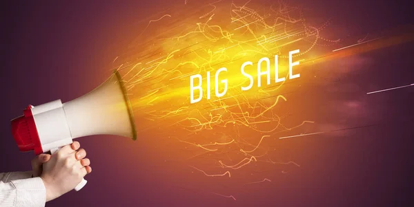 Jonge Girld Schreeuwen Megafoon Met Big Sale Inscriptie Online Shopping — Stockfoto