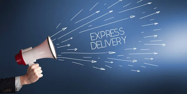 Jeune Fille Criant Mégaphone Avec Express Delivery Inscription Concept Shopping — Photo