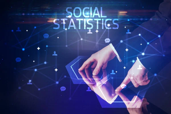 stock image Navigating social networking with SOCIAL STATISTICS inscription, new media concept
