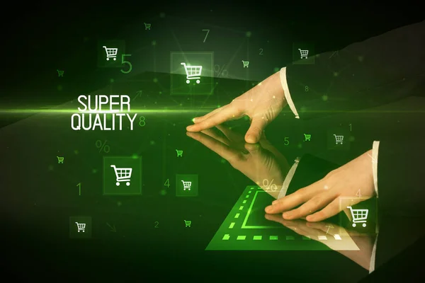 Online Shopping Mit Beschriftungskonzept Super Quality Mit Warenkorb Symbolen — Stockfoto