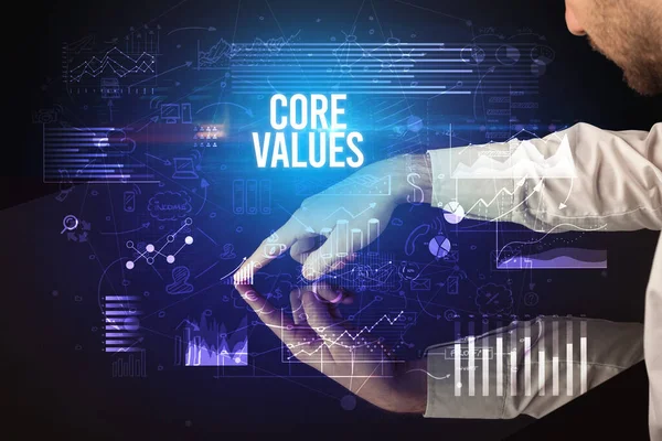 Businessman Touching Huge Screen Core Values Inscription Cyber Business Concept — 图库照片
