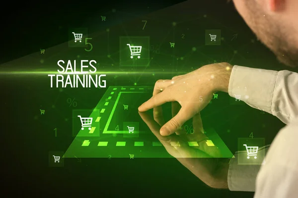 Onlineshoppning Med Sales Training Inskriptionskoncept Med Ikoner För Kundvagn — Stockfoto