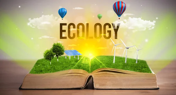 Öppen Bok Med Ecology Inskription Förnybar Energi Koncept — Stockfoto