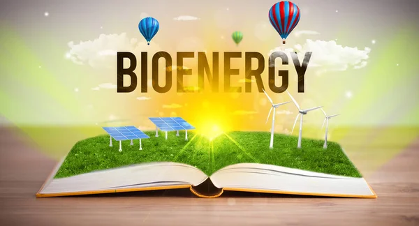 Відкрита Книга Написом Bioenergy Концепція Відновлюваної Енергії — стокове фото