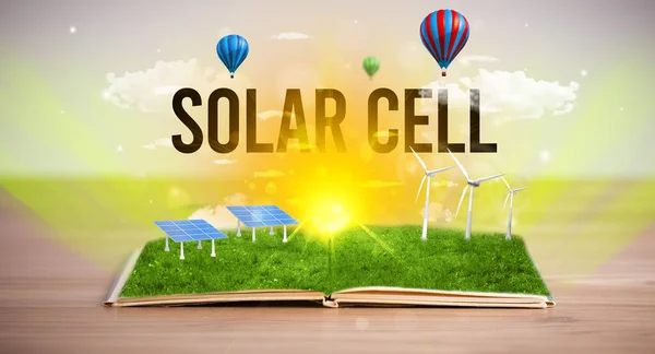 Open Boek Met Solar Cell Inscriptie Concept Hernieuwbare Energie — Stockfoto