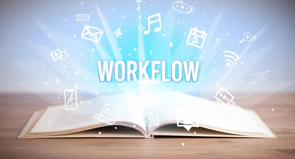 Workflowの碑文付きオープンブック ビジネスコンセプト — ストック写真