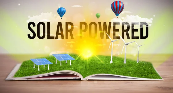 Open Boek Met Solar Powered Inscriptie Concept Hernieuwbare Energie — Stockfoto