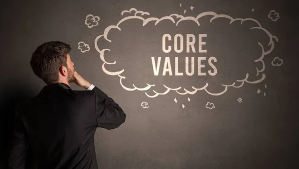 Podnikatel Kreslí Mrak Nápisem Core Values Uvnitř Moderní Obchodní Koncept — Stock fotografie