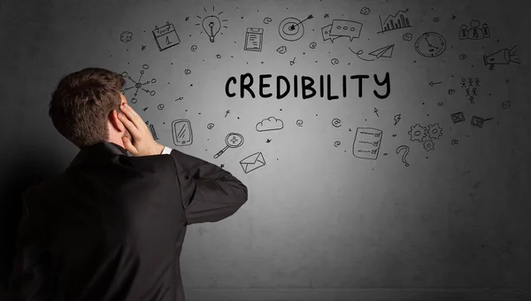 商人用Credibility题词 商业战略概念描绘创意草图 — 图库照片