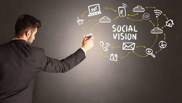 Επιχειρηματίας Που Σχεδιάζει Εικόνες Κοινωνικών Μέσων Επιγραφή Social Vision Νέα — Φωτογραφία Αρχείου