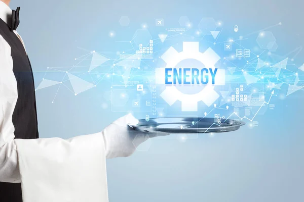 新しい技術コンセプトにエネルギー碑文を提供するウェイター — ストック写真