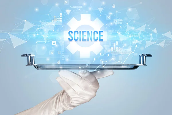 Camarero Sirviendo Concepto Nueva Tecnología Con Inscripción Ciencia —  Fotos de Stock