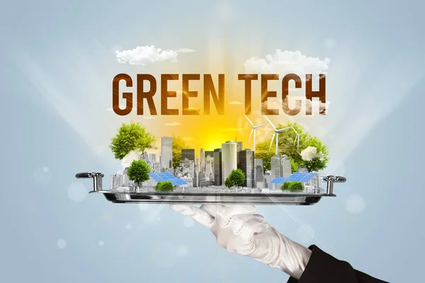 Garçom Servindo Eco Cidade Com Inscrição Green Tech Conceito Energia — Fotografia de Stock