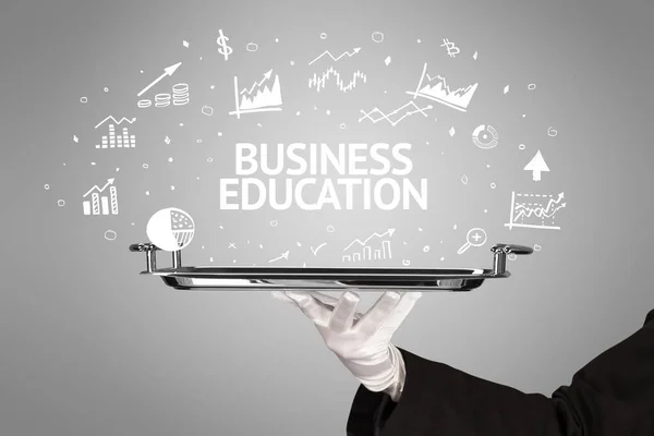 Číšník Servírující Koncepci Podnikatelského Nápadu Nápisem Business Education — Stock fotografie
