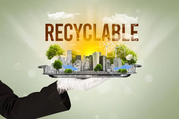 Waiter Serving Eco City Recyclable Inscription Renewabke Energy Concept — Stock Photo, Image