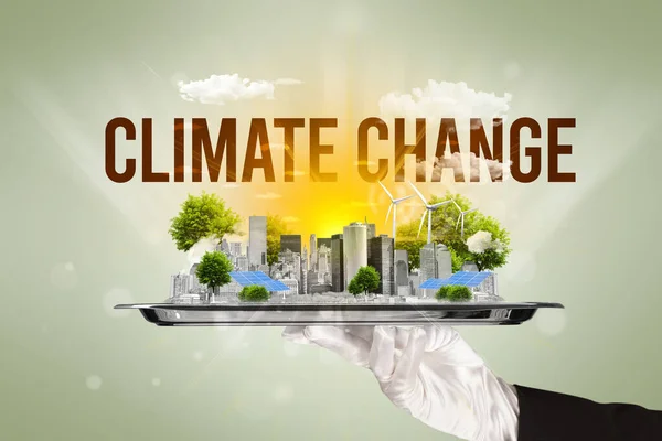 Camarero Sirviendo Eco Ciudad Con Inscripción Cambio Climático Concepto Energía —  Fotos de Stock