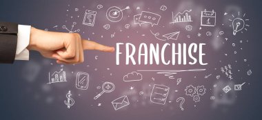 FRANCHISE yazıtına işaret eden kırpılmış elin yakın çekimi, modern iş çözümü kavramı