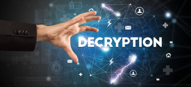 DECRYPTION yazıtlarına el işareti, modern teknoloji kavramı