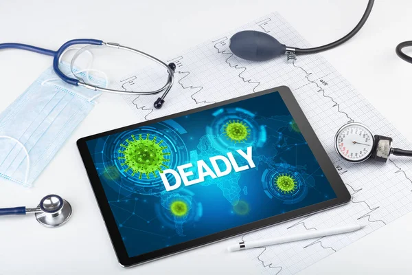 Close View Tablet Deadly Inscription Microbiology Concept — Stock Photo, Image