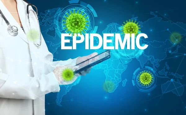 Lekarz Wypełnia Dokumentację Medyczną Napisem Epidemic Koncepcją Wirusologii — Zdjęcie stockowe