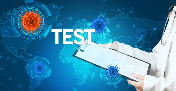 Medico Compila Cartella Clinica Con Iscrizione Test Concetto Virologia — Foto Stock