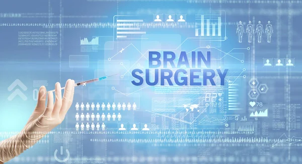 脳手術の碑文と白い手袋保持注射器で医師の手のクローズアップビュー 医療や医療の概念 — ストック写真