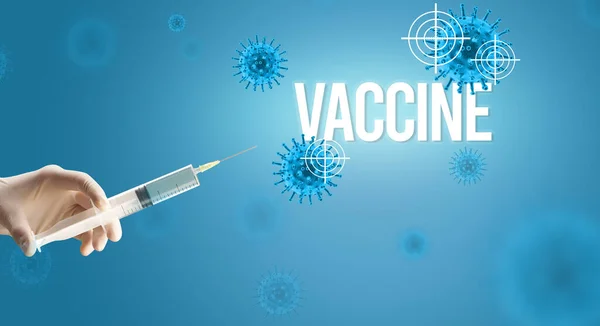 Doktorların Yakından Görüntüsü Beyaz Bir Eldiven Içinde Elinde Şırıngayla Vaccine — Stok fotoğraf