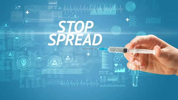 Igła Strzykawki Szczepionką Przeciw Wirusowi Napisem Stop Spread Koncepcja Antidotum — Zdjęcie stockowe