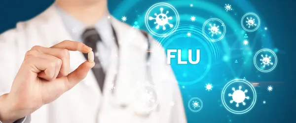 Médico Dando Pílula Com Inscrição Flu Conceito Coronavírus — Fotografia de Stock