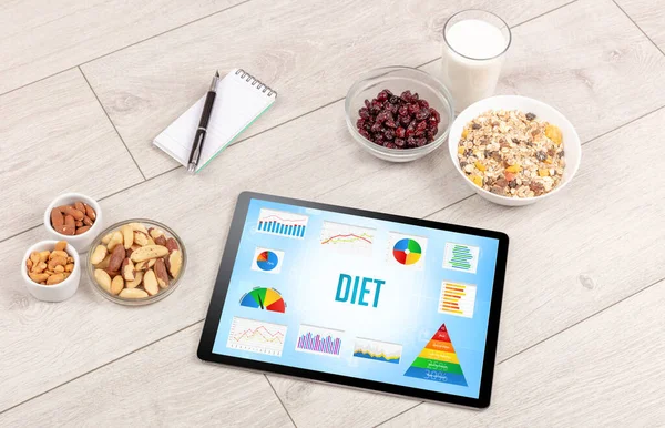 Alimentos Orgânicos Tablet Mostrando Inscrição Diet Composição Nutricional Saudável — Fotografia de Stock