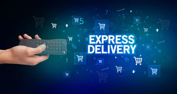 手持无线外设 带有Express Delivery铭文 在线购物概念 — 图库照片