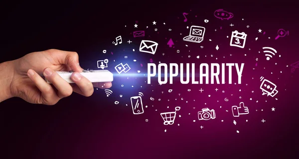 Hand Holding Wireless Peripheral Popularity Inscription Social Media Concept — Stock Photo, Image