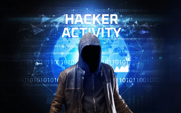 Безликий Хакер Работе Надписью Hacker Activity Концепция Компьютерной Безопасности — стоковое фото