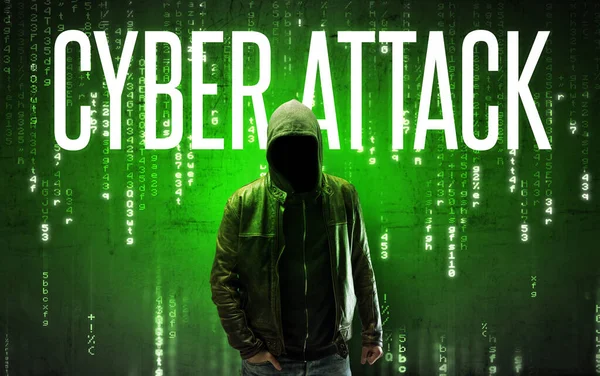 Hacker Tanpa Wajah Dengan Tulisan Cyber Attack Konsep Hacking — Stok Foto